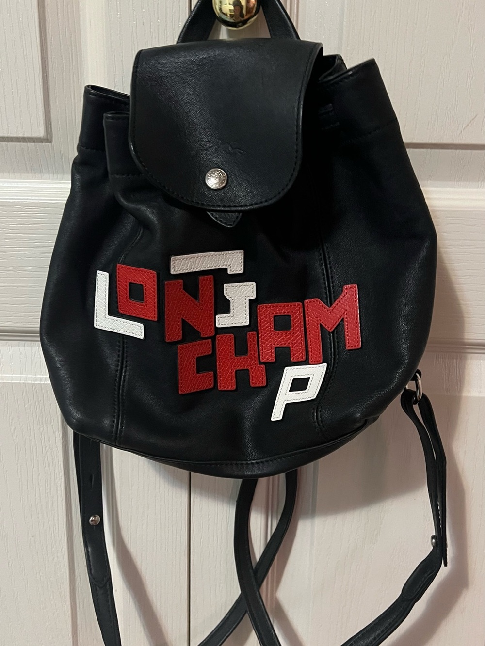 Black Leather Patch Letter Backpack - Unbranded